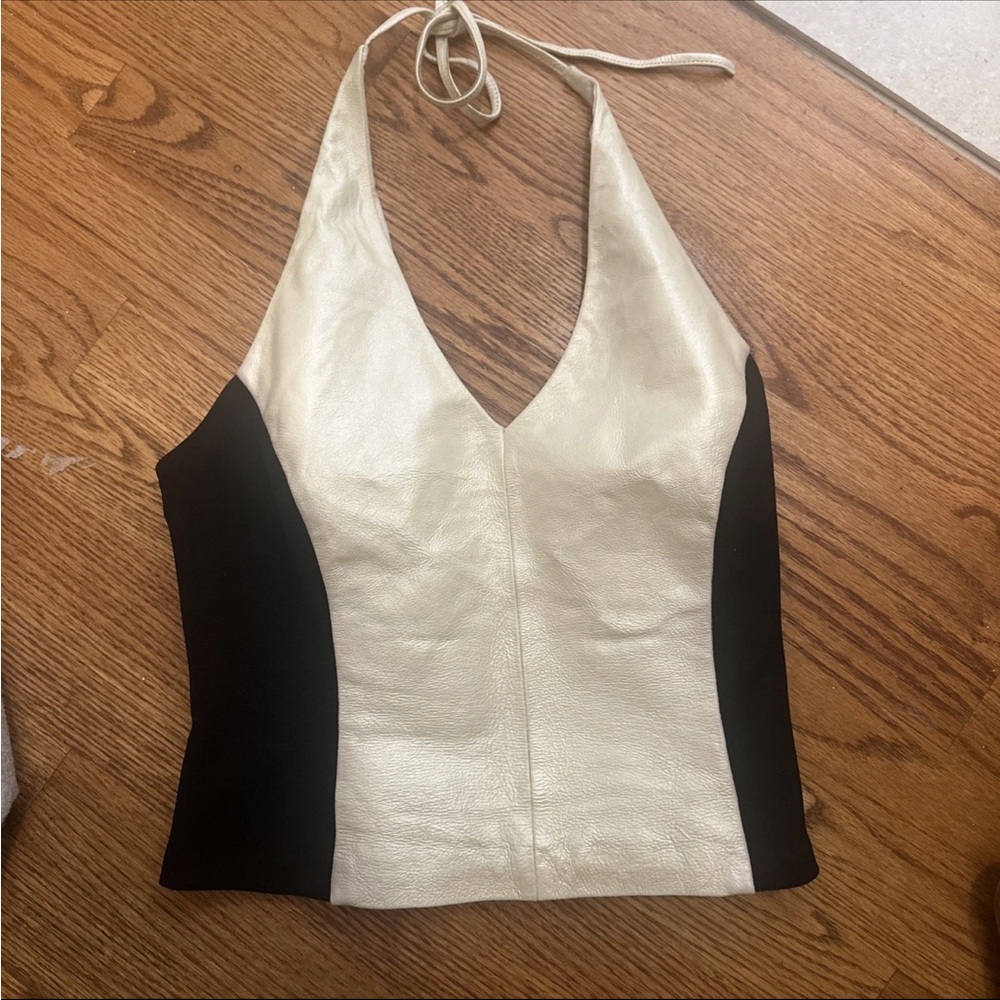 Black and white Two-Tone leather halter top